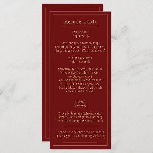Bruiloftsmenu Tweetalig Spaans Engels Bordeaux Gou Menu (Voorkant / Achterkant)