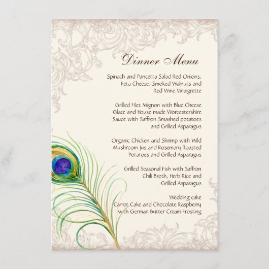 Bruiloftsmenu Vintage Pauwveer Gegraveerd Menu (Voorkant)