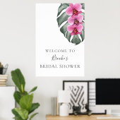 Bruiloftsontbijt met warmpink orchideeën Welkom Poster (Thuiskantoor)