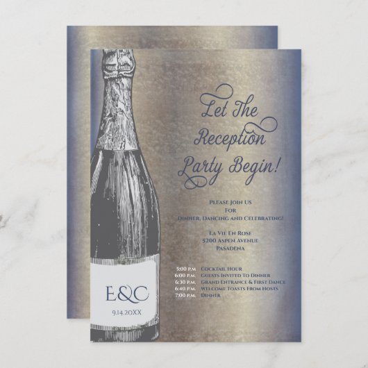 Bruiloftsontvangst uitnodiging champagnefles informatiekaartje (Voorkant / Achterkant)