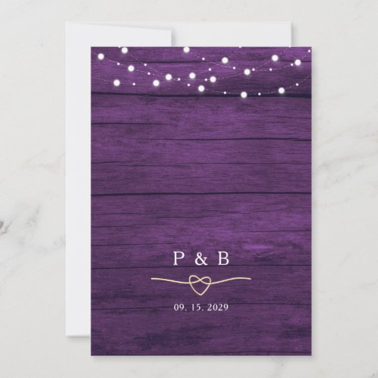 Bruiloftsontvangst uitnodiging van paarse houten p (Achterkant)