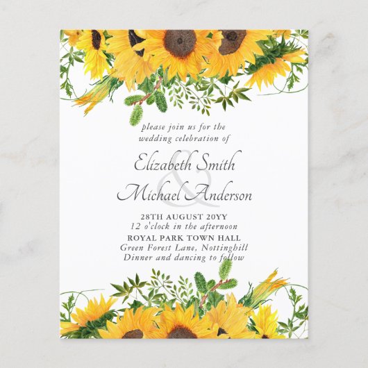 Bruiloftspapeterie Budget met Landelijke Zonnebloe (Voorkant)