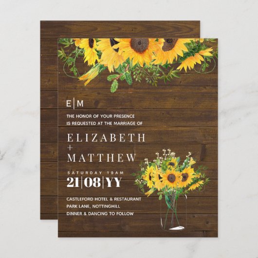 Bruiloftspapeterie met landelijke zonnebloemthema  (Voorkant / Achterkant)