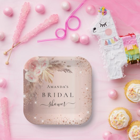 Bruiloftspartel pampas gras roze goud bloem papieren bordje (Feest)