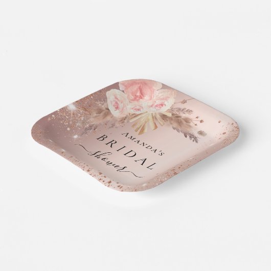 Bruiloftspartel pampas gras roze goud bloem papieren bordje (Gebogen)