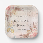 Bruiloftspartij pampas gras roze goud bubbelig papieren bordje (Voorkant)