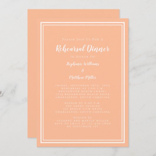 Bruiloftsprobediner Eenvoudig Modern Perzik Wit Kaart (Voorkant / Achterkant)