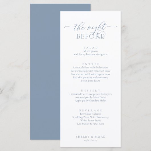 Bruiloftsprobediner, Romantisch Stofblauw Menu (Voorkant / Achterkant)
