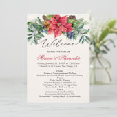 Bruiloftsprogramma met groen blad en poinsettia kaart (Staand voorkant)