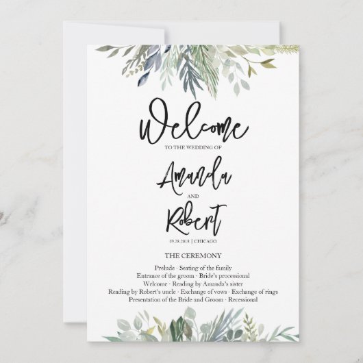 Bruiloftsprogramma met groene bladeren kaart (Voorkant)