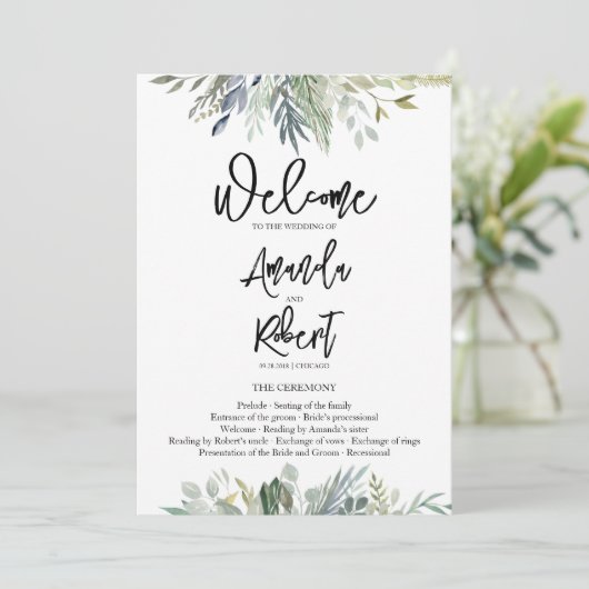 Bruiloftsprogramma met groene bladeren kaart (Staand voorkant)
