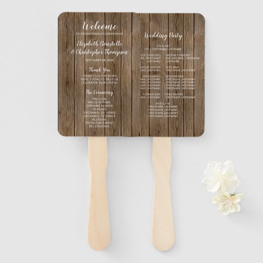 Bruiloftsprogramma met houten look en kalligrafie handwaaier (Voorkant en achterkant)