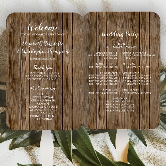Bruiloftsprogramma met houten look en kalligrafie handwaaier