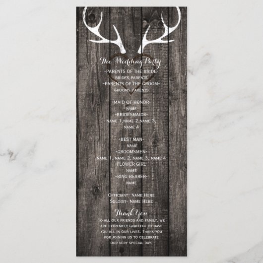 Bruiloftsprogramma met landelijke herten geweien e programmakaart (Achterkant)