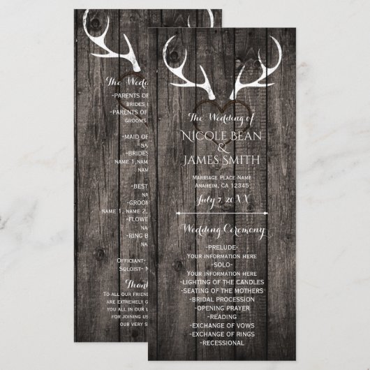 Bruiloftsprogramma met landelijke herten geweien e programmakaart (Voorkant / Achterkant)