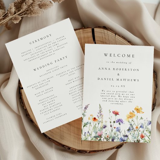Bruiloftsprogramma met levendige wilde bloemen programmakaart