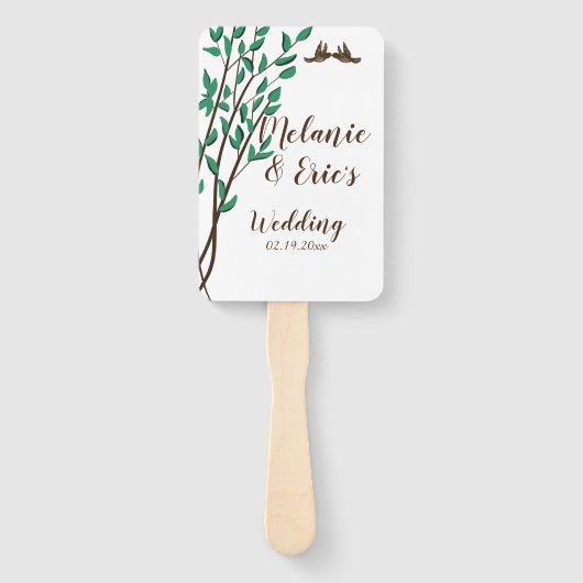 Bruiloftsprogramma met Liefdesvogels en Takken op  Handwaaier (Voorkant)