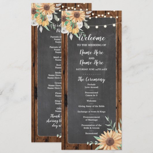 Bruiloftsprogramma met rustieke houten krijt zonne programmakaart (Voorkant / Achterkant)