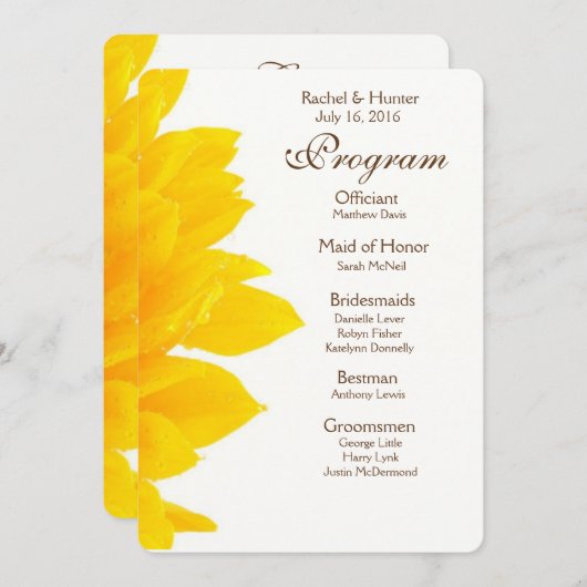 Bruiloftsprogramma met rustieke zonnebloem programmakaart (Voorkant / Achterkant)