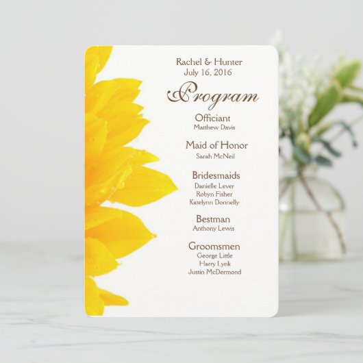 Bruiloftsprogramma met rustieke zonnebloem programmakaart (Staand voorkant)