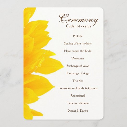 Bruiloftsprogramma met rustieke zonnebloem programmakaart (Achterkant)