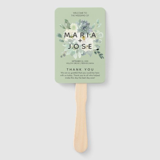 Bruiloftsprogramma met sappige groene beplanting handwaaier (Voorkant)