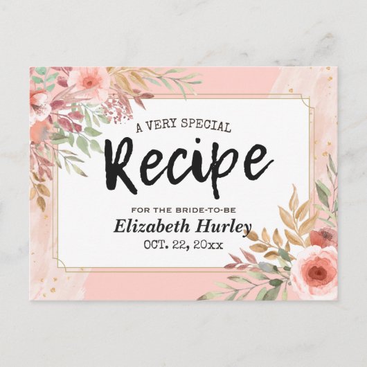 Bruiloftsrecept Moderne Elegante Roze Bloemen Uitnodiging Briefkaart (Voorkant)