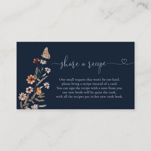 Bruiloftsrecept Navy Blue Tiny Wildflower Informatiekaartje (Voorkant)