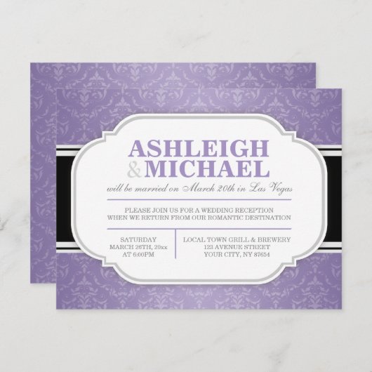 Bruiloftsreceptie alleen in grijs en paars damast RSVP kaartje (Voorkant / Achterkant)