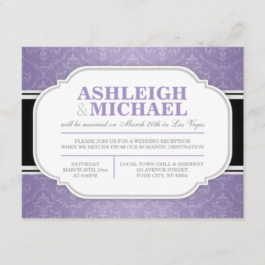 Bruiloftsreceptie alleen in grijs en paars damast RSVP kaartje (Voorkant)