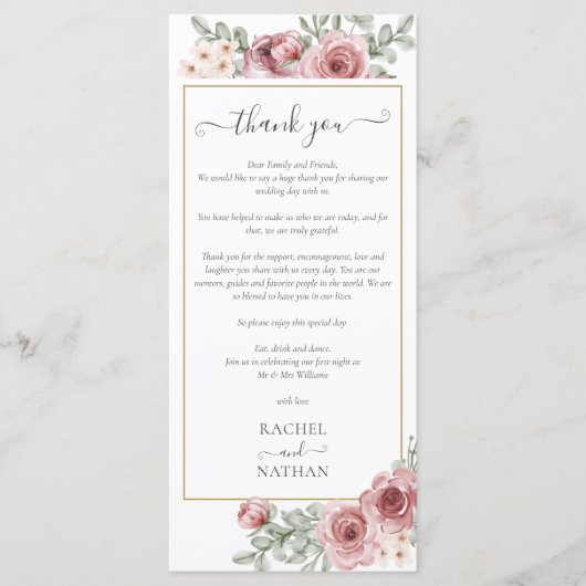Bruiloftsreceptie Bloemen Bedankkaartje Menu (Voorkant)