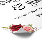 Bruiloftsreceptie boho marsala bord met kaarten en poster (Hoek)