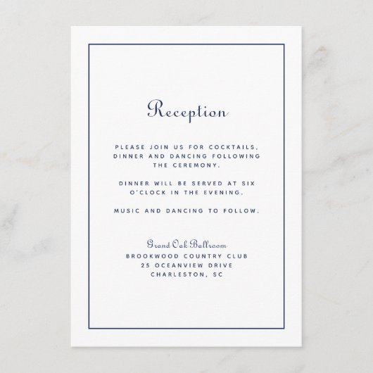 Bruiloftsreceptie Elegant Schrift Navyblauw Klassi Informatiekaartje (Voorkant)