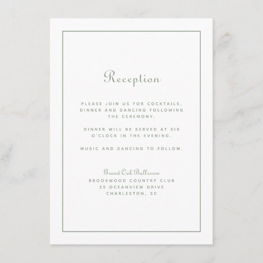 Bruiloftsreceptie Elegant Schrift Sage Groen Wit Informatiekaartje (Voorkant)