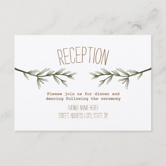 Bruiloftsreceptie met rustieke groenblijvende takk informatiekaartje (Voorkant)