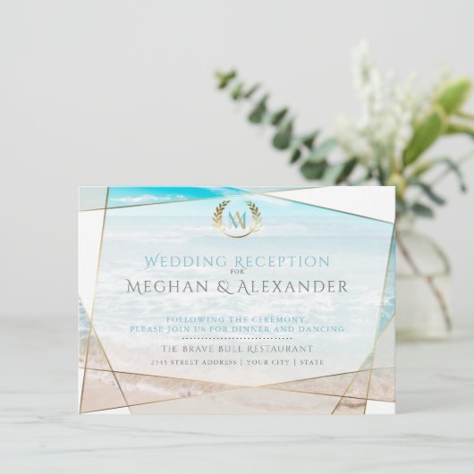 Bruiloftsreceptie | Modern Monogram Strand Informatiekaartje (Staand voorkant)