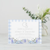 Bruiloftsreceptie | Monogram Blauw Gingham Informatiekaartje (Staand voorkant)