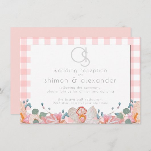 Bruiloftsreceptie | Monogram Koralen Geruit Papier Informatiekaartje (Voorkant / Achterkant)