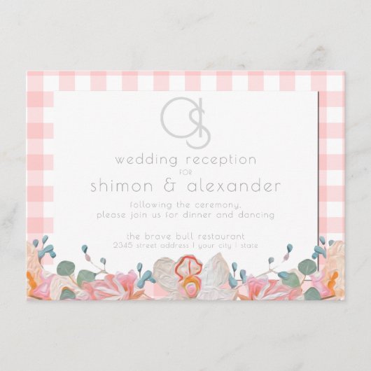 Bruiloftsreceptie | Monogram Koralen Gingham Informatiekaartje (Voorkant)