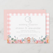 Bruiloftsreceptie | Monogram Koralen Gingham Informatiekaartje (Voorkant / Achterkant)