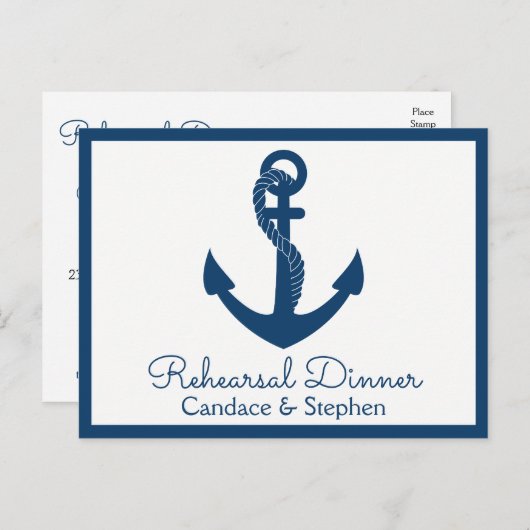 Bruiloftsrepetitie diner Navy Blue Anker Trouwen Uitnodiging Briefkaart (Voorkant / Achterkant)