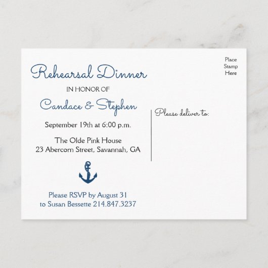 Bruiloftsrepetitie diner Navy Blue Anker Trouwen Uitnodiging Briefkaart (Achterkant)