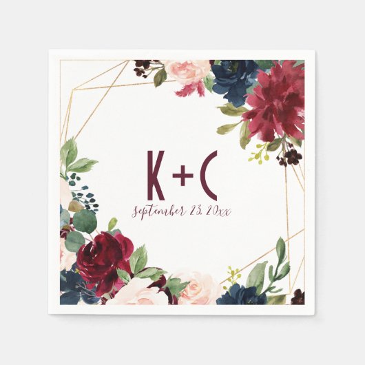 bruiloftsservetten | Bourgondië en marine bloemen  Servet (Voorkant)