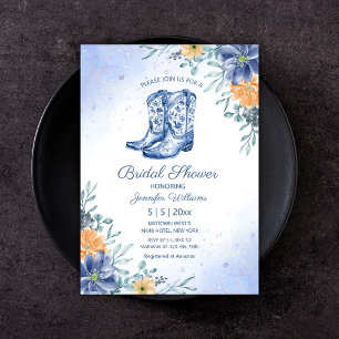 bruiloftsshower blauwe cowgirl laarzen bloemen wes kaart