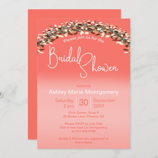 Bruiloftsshower Chic Living Coral Ombre Bladrijke  Kaart (Voorkant / Achterkant)