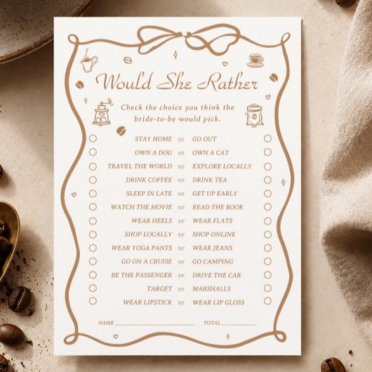 Bruiloftsshower 'Coffee' 'Would She Rather' spelka Kaart