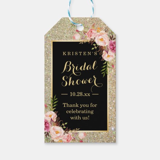 Bruiloftsshower Dank Je Goud Glitter Roze Bloemen Cadeaulabel (Voorkant)