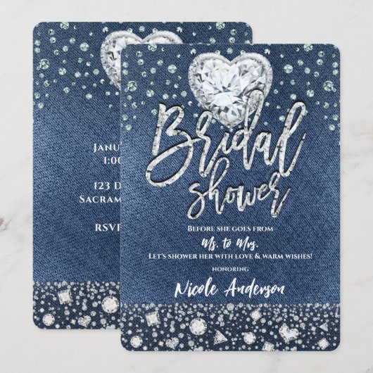 Bruiloftsshower Denim & Bling Diamanten Hart Kaart (Voorkant / Achterkant)
