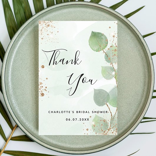 Bruiloftsshower eucalyptusgroen goud glitter bedankkaart