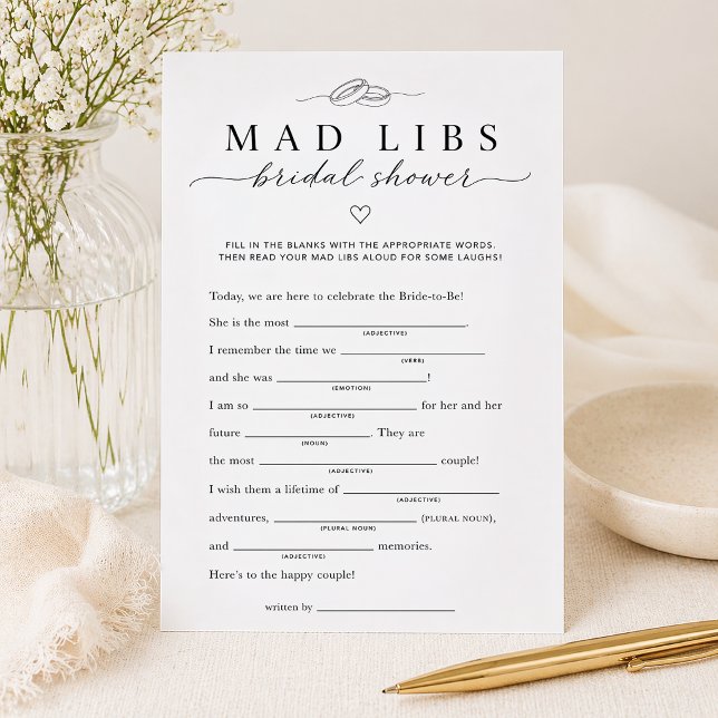 Bruiloftsshower Mad Libs-feestspelkaart (Bridal Shower Mad Libs Game Card)